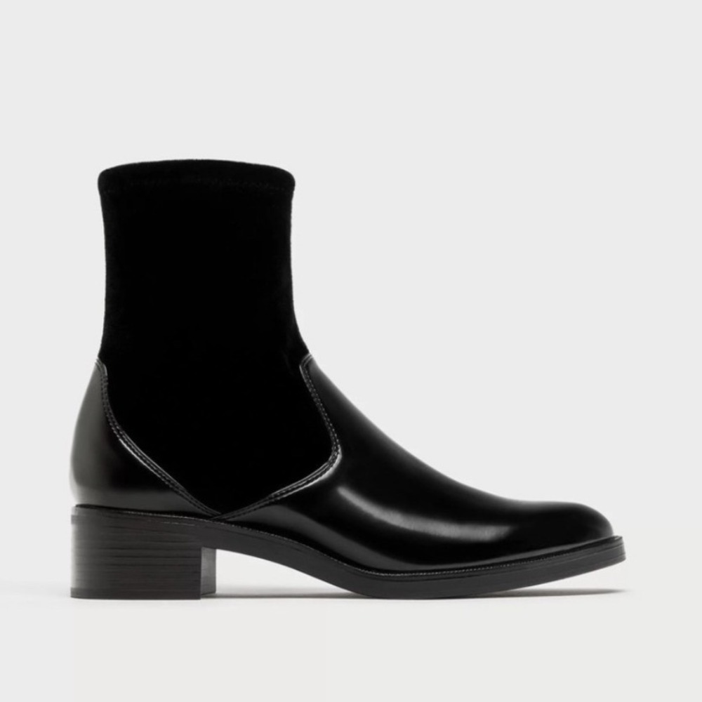 Zara Ankle Boots 38 Velvet Sock Patent Leather Contrast Black Block Heel‎ 7.5